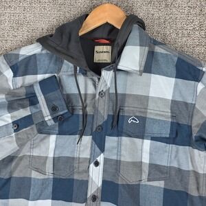 Simms Mens Coldweather Hoody Small Blue Plaid Hooded Flannel Shirt Jacket